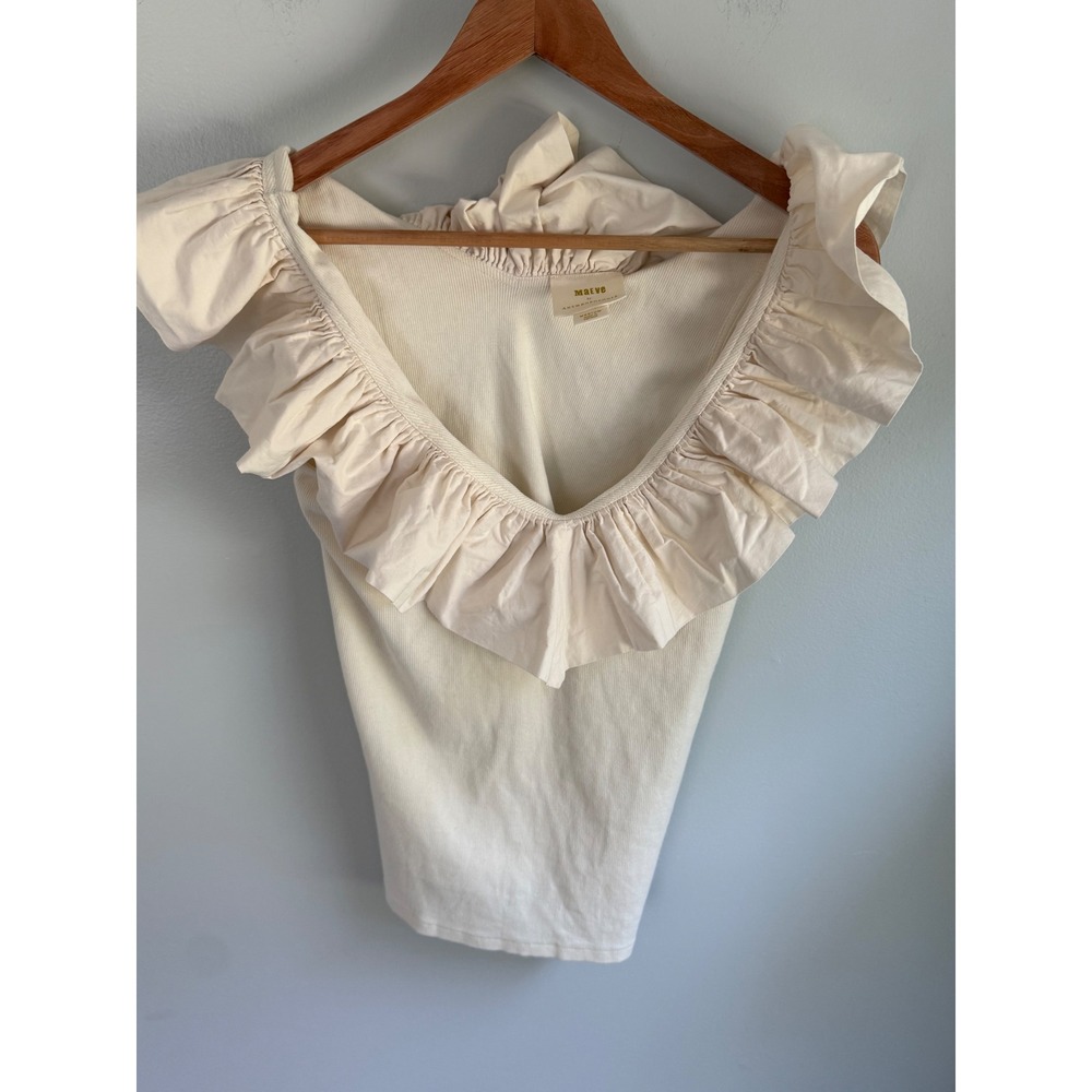 Maeve Anthropologie Cream Ribbed‎ Ruffle Neck Top Sleeveless Blouse Ivory Medium